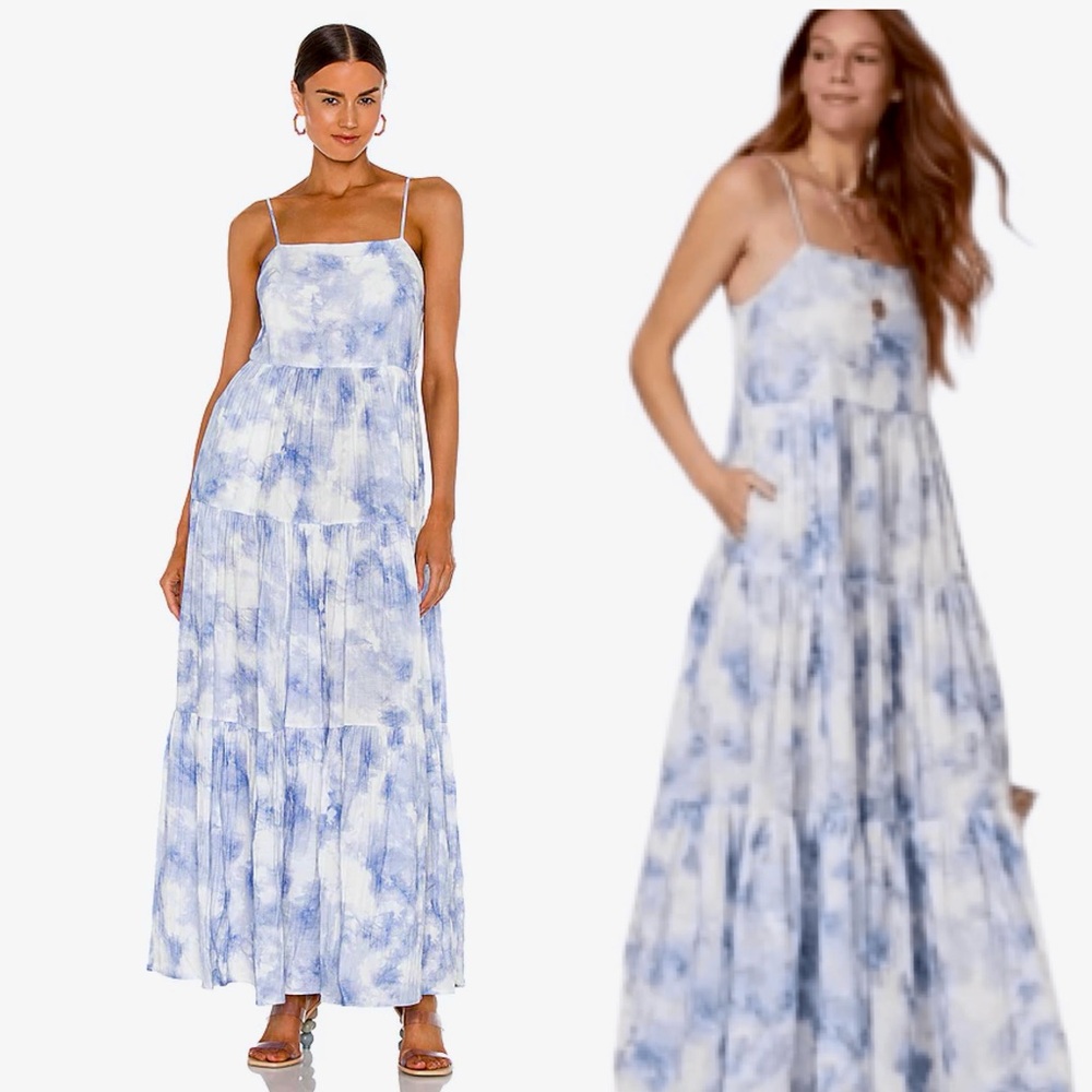 JONATHAN SIMKHAI Organic Cotton Blue & White Tiered Maxi Dress Flowy Sundress - Picture 5 of 14